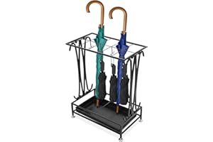 BQKOZFIN Modern Large Umbrella Holder, Metal 10 Holes Rectangle Style Umbrella Stand with 8 Hooks and a Bottom Rainwater Leaking Tray, Walking Sticks Umbrellas Storage(Black)