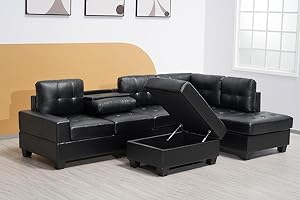 SOFAHEAVEN Western Black Bonded Leather Corner Sofa suite With Drop Down Cup Holder And Ottoman for livingrooms - Cheap sofas & couches-3020