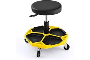 TANGZON 150KG Pneumatic Rolling Mechanic Stool, 41CM-55CM Height Adjustable & 360° Swivel Roller Creeper Seat with Removable Tool Tray and Wheels, Heavy Duty Padded Garage Workshop Stool(Yellow+Black)