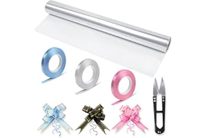 HTHL Clear Cellophane Wrap for Hampers,Cellophane Gift Wrapping Roll with 30 Pull Bows,3 Ribbon Rolls, and Scissors for Florist Bouquet Easter Valentine & Birthday Basket Gifts Boxes (30M x 40CM)