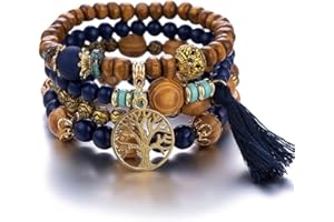 LICHUANUK Boho bracelets en perles de bois pour femme, Motif arbre de vie, Cristal Perle, bracelet fait à la main chaîne de main, Bleu