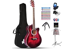 Winzz Guitare Acoustique Adulte, Guitare Folk Débutant, Guitare Country et Folk (Rouge, Cordes d'Acier, 40 Pouces)