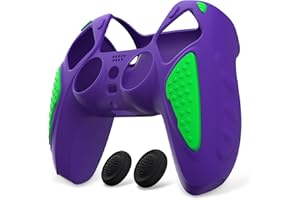 PlayVital Funda de Silicona para ps5 Mando - Carcasa de Goma Antideslizante con Tapas para Pulgar, Protector Tacto Suave, Accesorio Compatible con ps5 - Edición Knight (Neon Genesis+Violeta & Verde)