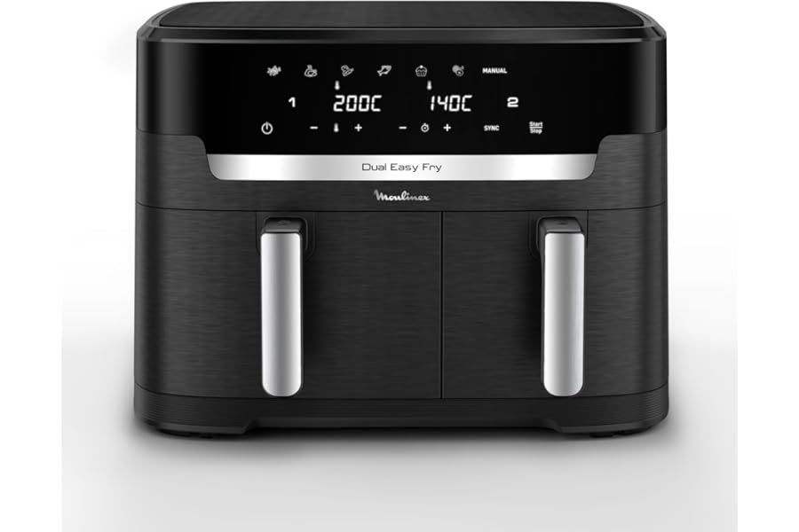 Moulinex EZ9428 Dual Easy Fry XXL Air Fryer, 11 Litres, Non-stick Double Basket, Dishwasher Safe, Low Energy Consumption, 7 Modes, App Recipes, Black, EZ9428