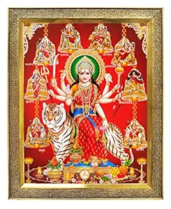 KHANNA Durga maa/ambe/sherawali/nav Durga / 9 Form on Tiger/vaishno Devi Yantra Photo Frame for Wall Hanging/Gift/Temple/puja Room/Home Decor with Acrylic Sheet (Glass) for Worship