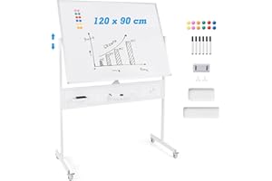 COSTWAY Pizarra Blanca Magnética 120 x 90 cm, Pizarra Blanca Grande Doble Cara, Ruedas Bloqueables, Giro 360°, Altura Ajustable, Panel Perforado y Accesorios, Pizarra de Pie Hogar Oficina (Blanco)