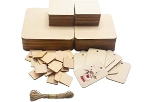 ‎CUWELT Cuwelt 144 Stück Quadrate Holzscheiben zum Basteln Holzplättchen, 5 Größen Unbehandelte Holz, 2.5mm Dick Quadratisch Holzplatten mit 10M Schnur für DIY Malen Handwerk