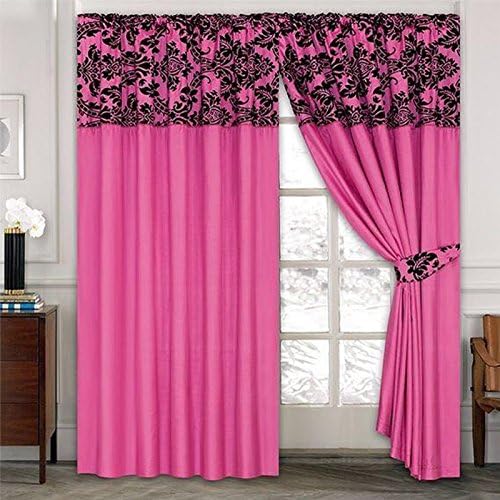 Half Flock Damask Pencil Pleat Ready Made Curtains (66''x72''(168x183cm), Pink + Black)