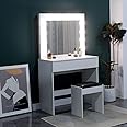 AVC Designs Dressing Table White With 1 Large Drawer & Stool Vanity Makeup Table with Hollywood LED Lights