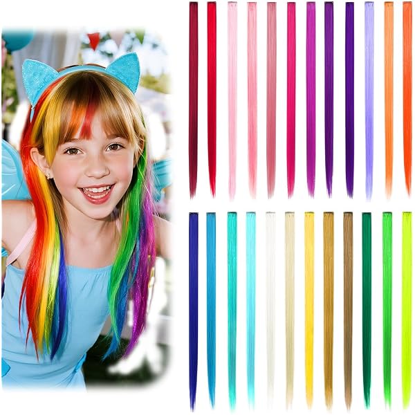 JinYu 24 Bunte Haarsträhnen-Clips Für Mädchen – Geflochtenes Nylon, Je 32,5 Cm, In 6 Neonfarben