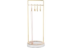 Sasha Morel Hanging Jewellery Organiser Stand with Marble Tray | Necklace Stand Display and Earring Holder Bedroom Decor | Hanging Storage for Necklaces, Bracelets, Earrings (Gold)
