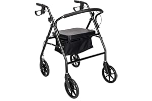HOBBYZOO 4 Wheel Walker with Padded Seat and Back, Foldable and Height Adjustable Rollator, Iron and Nylon Walker for Seniors and Disabled, Black
