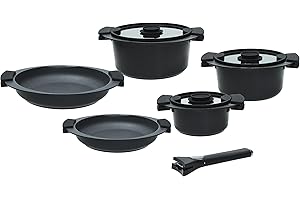 Tognana Avantspace, Set di pentole e 2 padelle antiaderenti, 3 casseruole, 3 coperchi trasparenti, salvaspazio con manico amovibile, 8 Pezzi, Alluminio, Nero, per gas e induzione