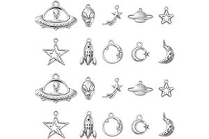 Ornazy 100 pcs 10 Styles Tibetan Space Charms Antique Silver Moon Star Spaceship Alient Charms Vintage Universe Charms for Jewellery Making Bracelets