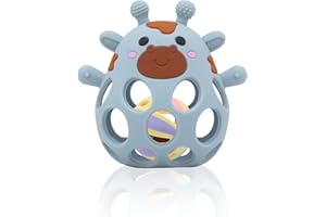 MUY PETIT MuyPetit Jirafa Sonajero y Mordedor bebé, Libre de BPA y tóxicos, Mordedor refrigerante bebe fácil de agarrar, Sonajeros bebe 0-3meses blanditos, Juegos bebes 6-12 meses (Azul con bolita)
