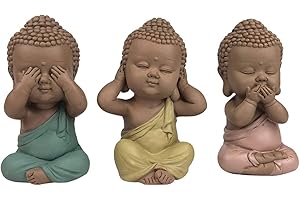 CAPRILO. Set de 3 Figuras Budistas Decorativas de Resina Meditando Budas Linda no Ve, Oye, Habla Adornos y Esculturas. Regalos Originales. Decoración Hogar. 5 x 5 x 10 cm.