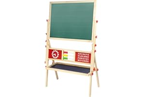 Idena 20177 - Lavagna magnetica da appoggio per bambini, 2 lati con ripiano, abaco e orologio, lavagna a gesso e magnetica in legno FSC, circa 76 x 38 x 118 cm