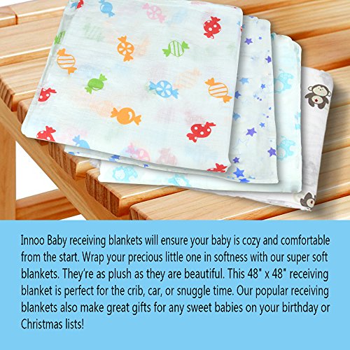 InnooBaby Pucktücher aus Musselin 4er-Pack Weiche und kuschelige Puckdecken für Schreibabys | 120 x 120 cm große Babydecken | 100% Baumwolle | Unisex Musselin und farbenfrohe Drucke - 5
