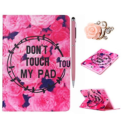 Felfy Slim Full Body Don’t Touch My Pad Roses Muster PU Lederhülle Case Cover Etui Schutz Hülle Tasche für Samsung Galaxy Tab A 9.7 Zoll T550 P550 T555N + 1x Pink Blume Anti Stöpsel + 1x Rosa Stylus