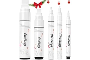 CHALKOLA 5 White Chalkboard Chalk Pens - White Dry Erase Markers for Blackboard, Chalkboard Signs, Windows, Glass | Variety pack - Fine & Jumbo Size Ink Pens (1mm, 3mm, 6mm, 10mm, 15mm)