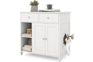 COSTWAY Szafka dla Kota Na Kuwetę, Z 2 Szufladami, 2 Drzwiami, Wejściem i Otwartymi Przegródkami, Domek, Komoda Pomocnicza, Meble Wewnątrz, Nowoczesna, 80 x 51 x