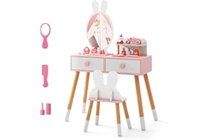 COSTWAY Tocador de Maquillaje para Niña, Juego de Mesa y Silla para Niña, Escritorio Espejo 2 en 1 para Maquillaje de Princesa, 2 Cajones y Estante, Juego de Tocador con Patas de Madera(Blanco)