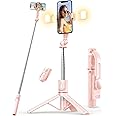 Selfie Stick with Light, 45'' Selfie Stick Tripod with Wireless Remote, Portable Travel Phone Tripod Compatible with iPhone 15 Pro Max/15/14 Pro/14/13, Samsung S22/ S23 Ultra/Android Smartphone (Pink)