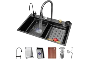 GMTSTORE Fregadero de Cocina en Cascada de un Solo tazón Fregadero de Barra de Acero Inoxidable con Grifo extraíble, arandela de Taza elevadora Tabla de Cortar y Otros Accesorios