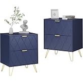UEV Set of 2 Bedside Tables, 40 x 30 x 52 cm, Navy Blue | Side Table with 2 Drawers, with Handles and Legs in Gold Colour Mod