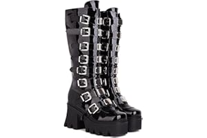 JIFAENY Damskie buty punkowe gotyckie na koturnie grube buty motocyklowe do połowy łydki bojowe do kolan buty z zamkiem błyskawicznym