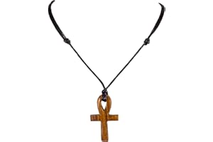 BlueRica Hand Carved Wood Ankh Cross Pendant on Adjustable Black Rope Cord Necklace