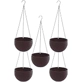 Go Hooked 7.1" Plastic Rattan Hanging Basket/Hanging Pots with Metal Hanging Chain/Hanging Planters- Set of 5 (Dark Brown) (F
