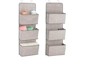 mDesign set da 2 portaoggetti in stoffa da appendere – organizer con 3 tasche per pannolini, peluches e asciugamani – portaoggetti da appendere con fantasia in iuta - colore: beige