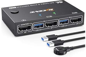 USB 3.0 KVM Switch Displayport 4K 144 Hz, YOUTINGHDAV KVM Switch 2 PC 1 monitor, USB Displayport Switch do 2 części PC, 4 urządzeń USB 3.0, klawiatury, myszy, monitora, z przewodowym pilotem