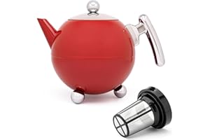 Bredemeijer Bella Ronde Edelstahl-Teekannen-Set 1.2 L - Große doppelwandige Edelstahlkanne in Kugelform mit Füßen, rot - Mit Tee-Filter Sieb-Aufsatz für losen & Blätter-Tee