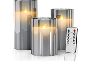 SUNNEST Led Flameless Candles, Silver Grey Glass Fake Candle Battery Operated Flickering Candle Pillar Real Wax Moving Flame Electric Candle Sets with Remote Timer, 4 in, 5 in, 6 in, Pack of 3 (Grey)