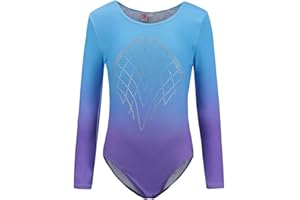 Sinoem Trykot gimnastyczny z długim rękawem dla dziewczynek 5-12 lat z błyszczącym diamentem w kolorze gradientu