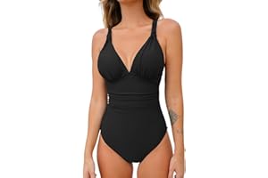 CUPSHE Costume da bagno intero da donna con scollo a V profondo e controllo della pancia, increspato a V sul retro, costume da bagno classico