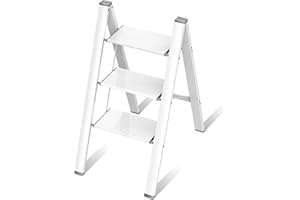 Escabeau à 3 marches, Tabouret HBTower Pliable avec Large pédale antidérapante, capacité 150kg Aluminium Stepader léger Portable pour Bureau ménager, Blanc