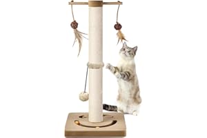 AUSCAT Cat Scratching Post with Multiple Interactive Toys, Vertical Sisal Cat Scratcher for Indoor Cats and Kittens- 63 cm 25 inches Beige