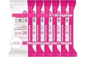 INEOS HYGIENICS INEOS Lingettes Multi-Surfaces, Compostables, Efficace Contre La Graisse Et Le Calcaire, Elimine 99.9% Des Virus Et Des Bactéries, Parfum Pamplemousse Rose et Tangelo, 6 x 60 Lingettes