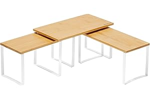 SONGMICS Organizzatori Armadio da Cucina, Set di 3 Scafali da Banco, Impilabili, Portaspezie Espandibile, in Metallo e Legno Ingegnerizzato, Bianco Nuvola e Beige Naturale KCS014W01