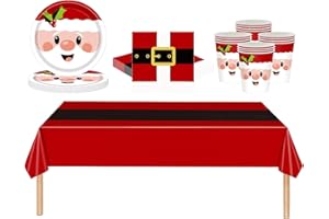 RONGZUBAT 53Pcs Christmas Party Tableware Set for Table Decor,Red Cute Santa 137x274cm Large Plastic Tablecloth Christmas Cherry Party Paper Plates Cups Napkins Dinnerware Set for Xmas Favor Table ware