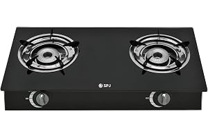 SPJ 2 Burner Gas Stove, 6mm Tempered Glass Cooktop, Automatic Ignition, Iron Beehive Burners, Heavy-Duty Pan Supports, Black