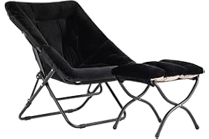 Welnow Comfy Saucer Chair with Ottoman, Oversized Folding Faux Fur Chair Soft Furry Lounge Lazy Chair with Metal Frame Moon Chair Accent Chair for Bedroom, Living Room, Dorm Rooms, Black