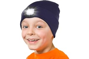 Attikee LED Lighted Beanie Cap for Kids, Rechargeable 4 LED Headlamp Hat, Knitted Winter Hat with Torch for Cycling Running Camping Night Walking, Christmas Novelty Gifts for Boys Girls Kids Children