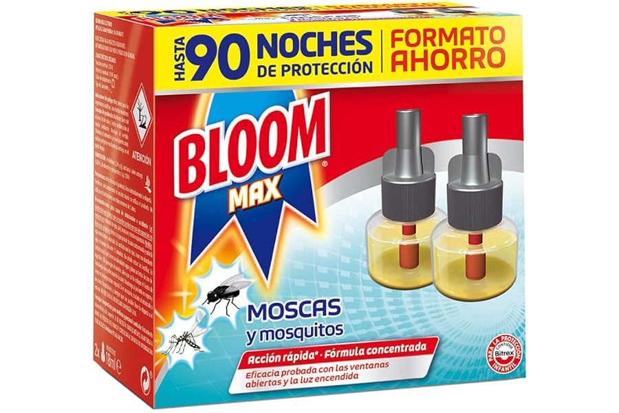 Bloom Max Eléctrico Líquido Recambio Doble (pack de 2), insecticida para mosquitos común y tigre, antimosquitos 90 noches de 