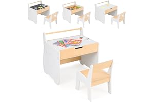 ‎COSTWAY COSTWAY Kindertisch mit Stuhl, 3 in 1 Kindersitzgruppe aus Holz mit wendbarer & abnembarer Tischplatte, Kinder Maltisch mit Stauraum & Papierrollenhalter, Sitzgruppe für Kinder ab 3 Jahren (Weiß)