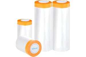 Bafumiu Lot de 4 film de protection avec ruban adhésif au total (80 m) – Film de masquage pour peintre, 2 rouleaux de 55 cm x 20 m + 2 rouleaux de 150 cm x 20 m