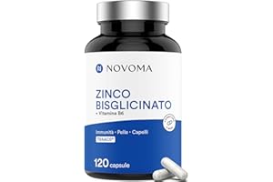 NOVOMA Zinco Bisglicinato 15mg TRAACS®, Con Vitamina B6 Bio-Attiva, Zinco Alto Assorbimento, Integratore Antiossidante per Uomo e Donna, Migliora la Pelle e Acne, 120 Capsule Vegane